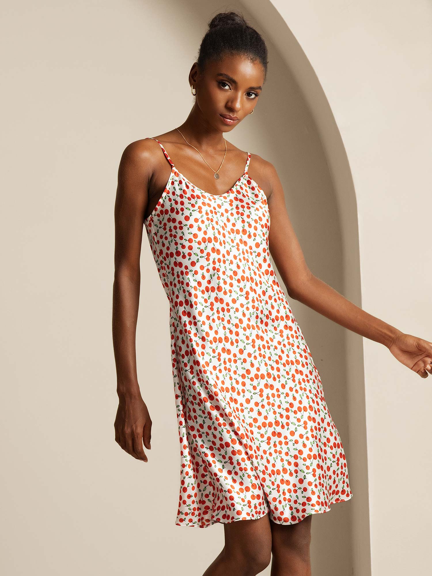 19Momme Silk Spaghetti Strap Cherry Print Short Dress