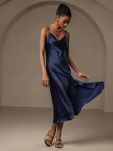 [Dark Blue] SilkSilky  Spaghetti Strap Cowl Neck Dress 004