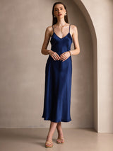 [Dark Blue] SilkSilky  Spaghetti Strap V Neck Dress 003