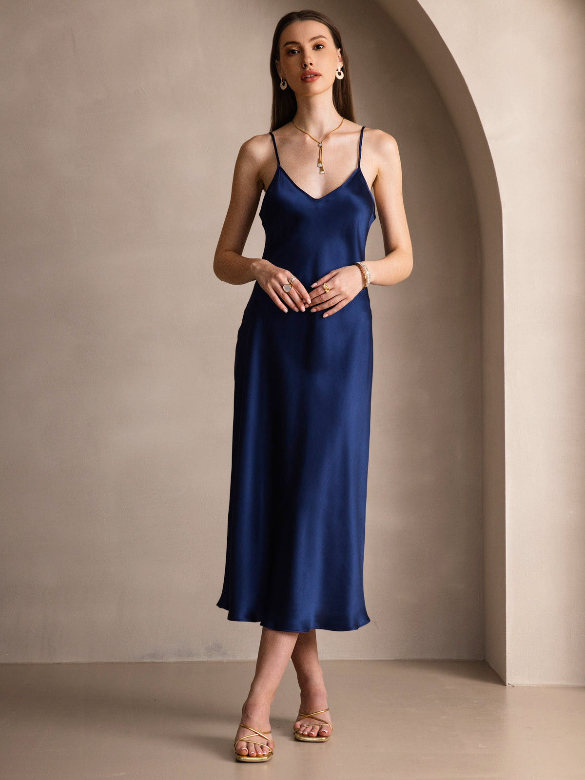 [Dark Blue] SilkSilky  Pure Silk Round Neck Dress 001