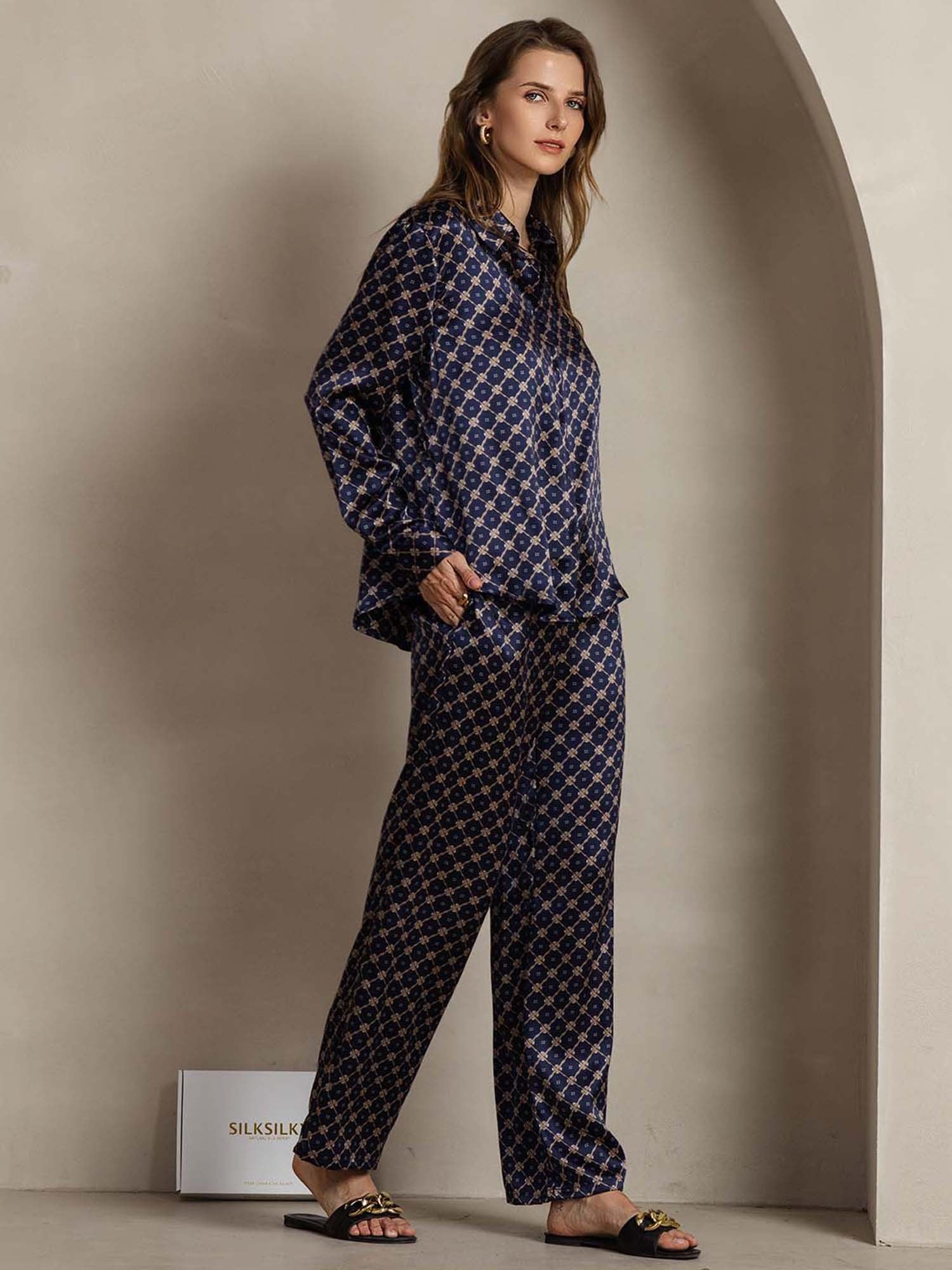 [Navy Chain] SilkSilky  19Momme Silk Lapel Collar Women''s Outfit Sets 004