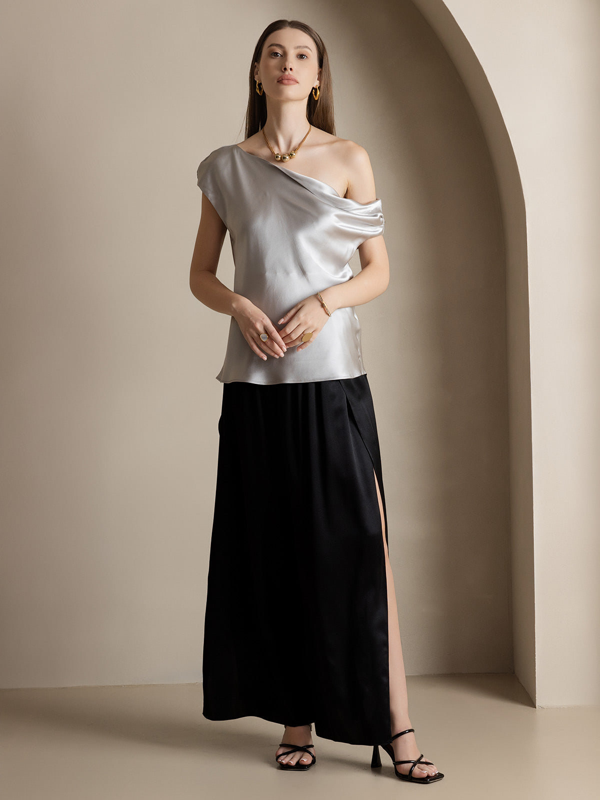[Black] SilkSilky  19Momme Silk Split Women's Pants 009