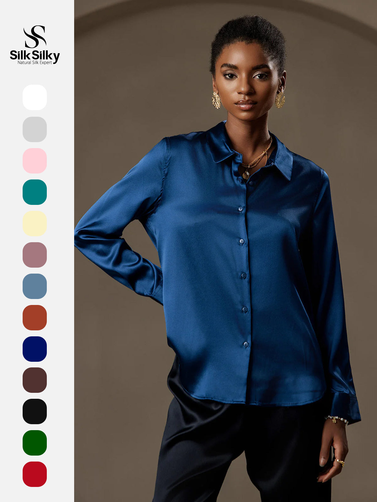 [Teal] SilkSilky  Silk Long Sleeve Lapel Collar Women's Shirt 001