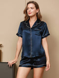 SilkSilky US Pure Silk Short Sleeve Lapel Women's Pajamas DarkBlue 002