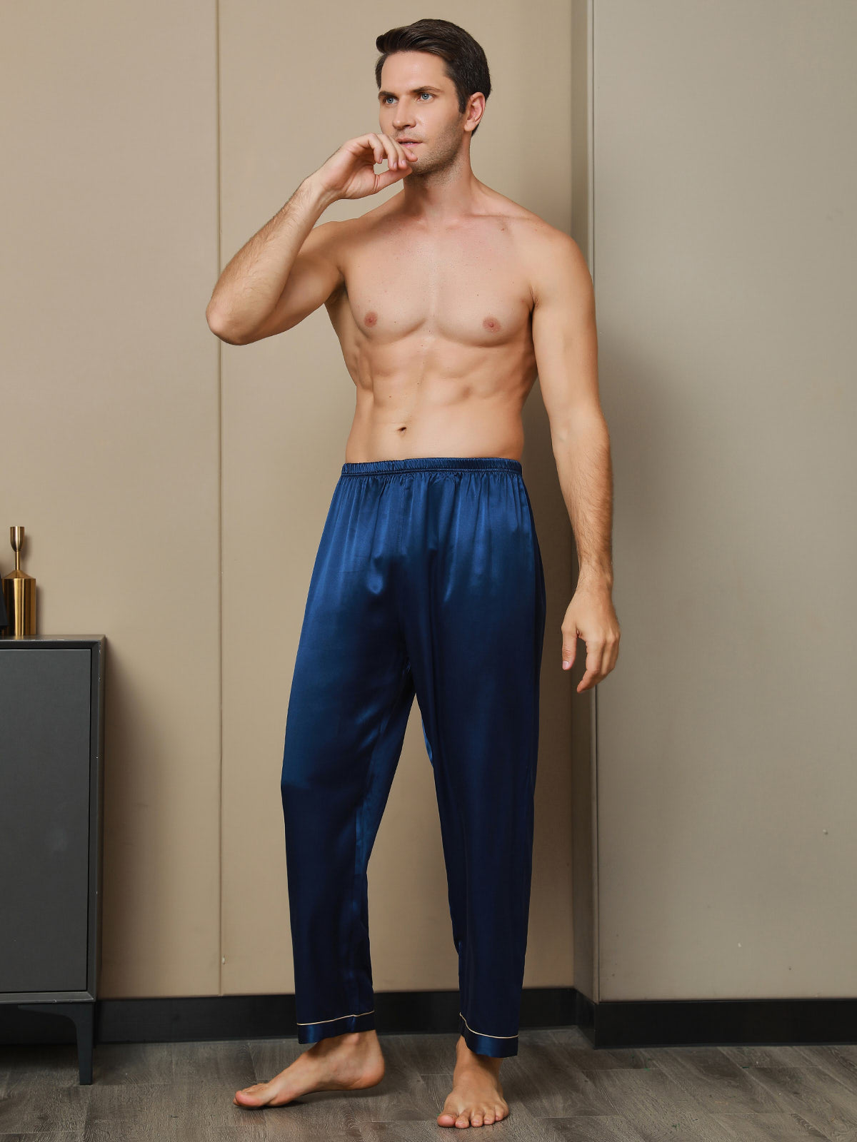 SilkSilky US Pure Silk Mens Sleep Bottoms DarkBlue 004