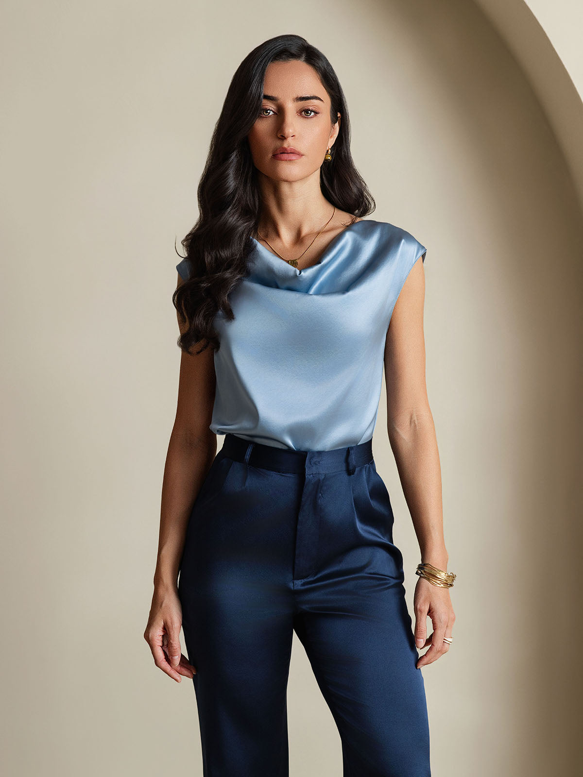 [Grayish Blue] SilkSilky  19Momme Silk Cowl Neck Women's T-Shirt 003