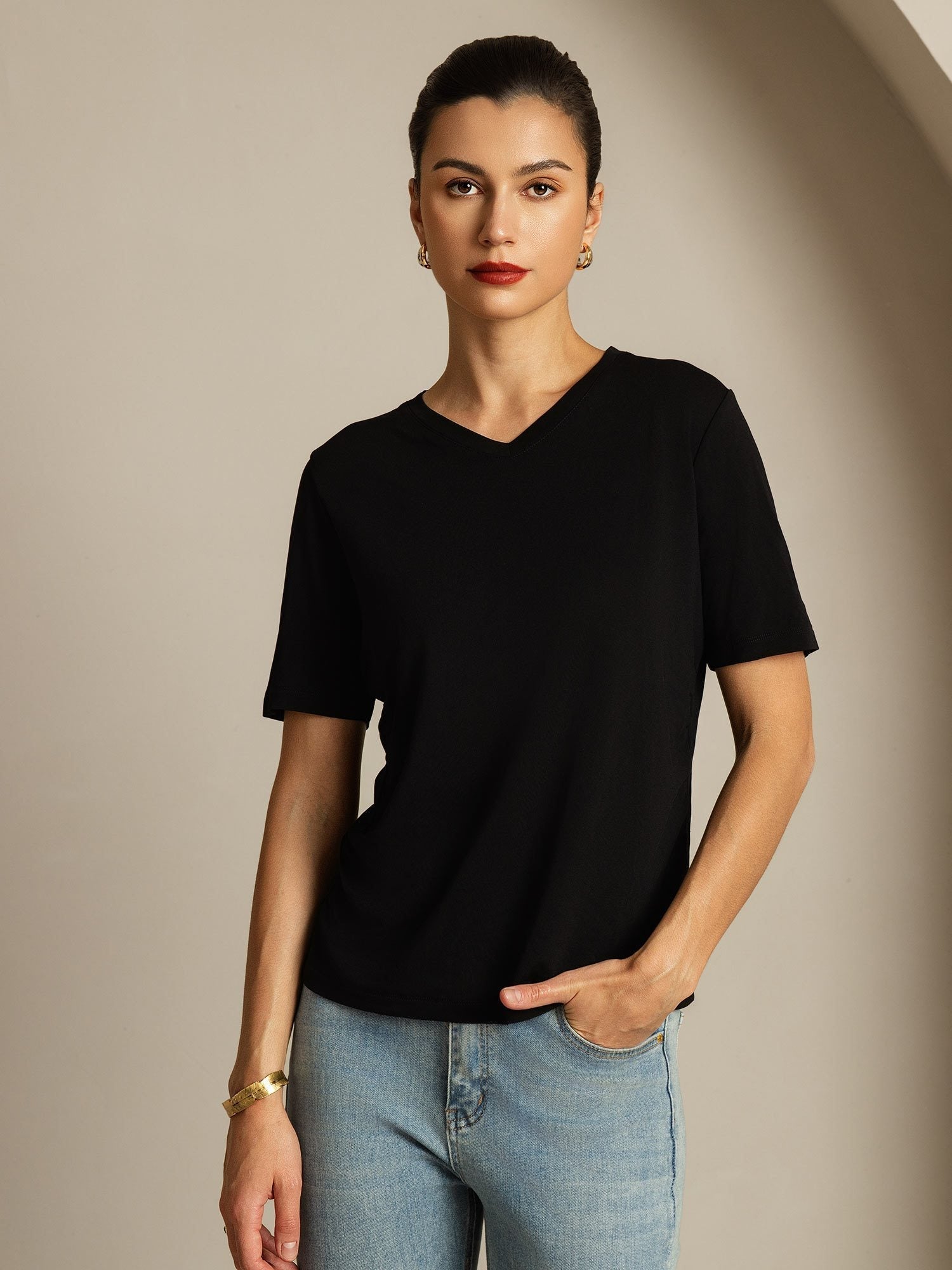 [Black] SilkSilky  Short Sleeve V Neck Women's T-Shirt 001