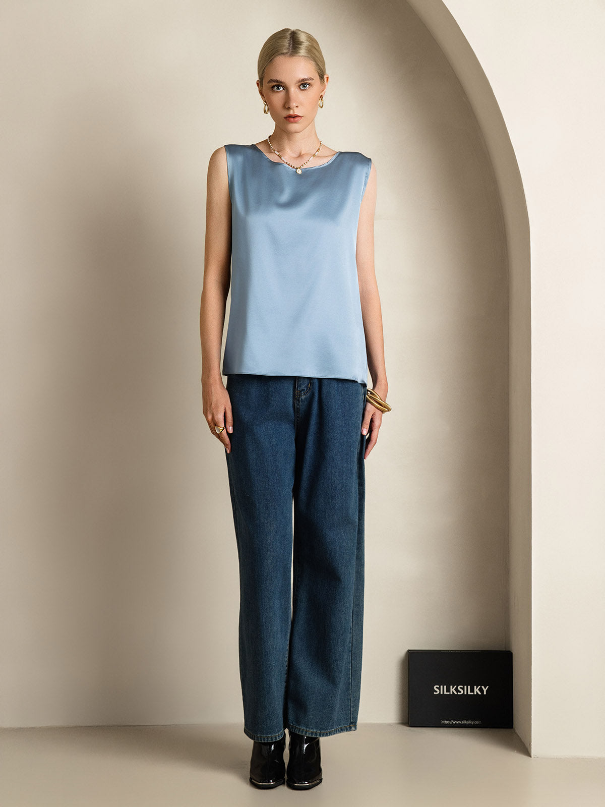[Grayish Blue] SilkSilky  19Momme Silk Round Neck Camisole Top 006