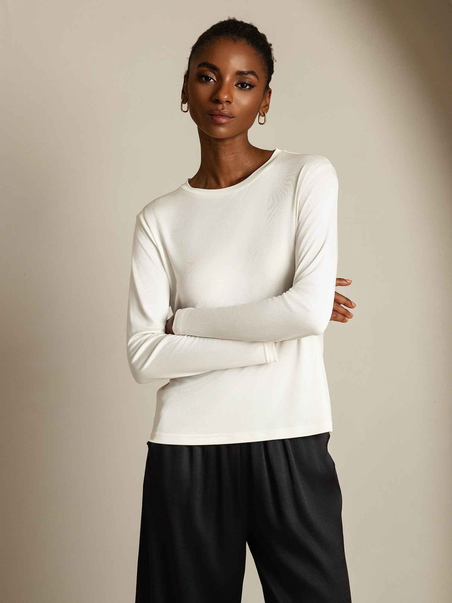 [White] SilkSilky  Pure Silk Womens T-Shirt 001