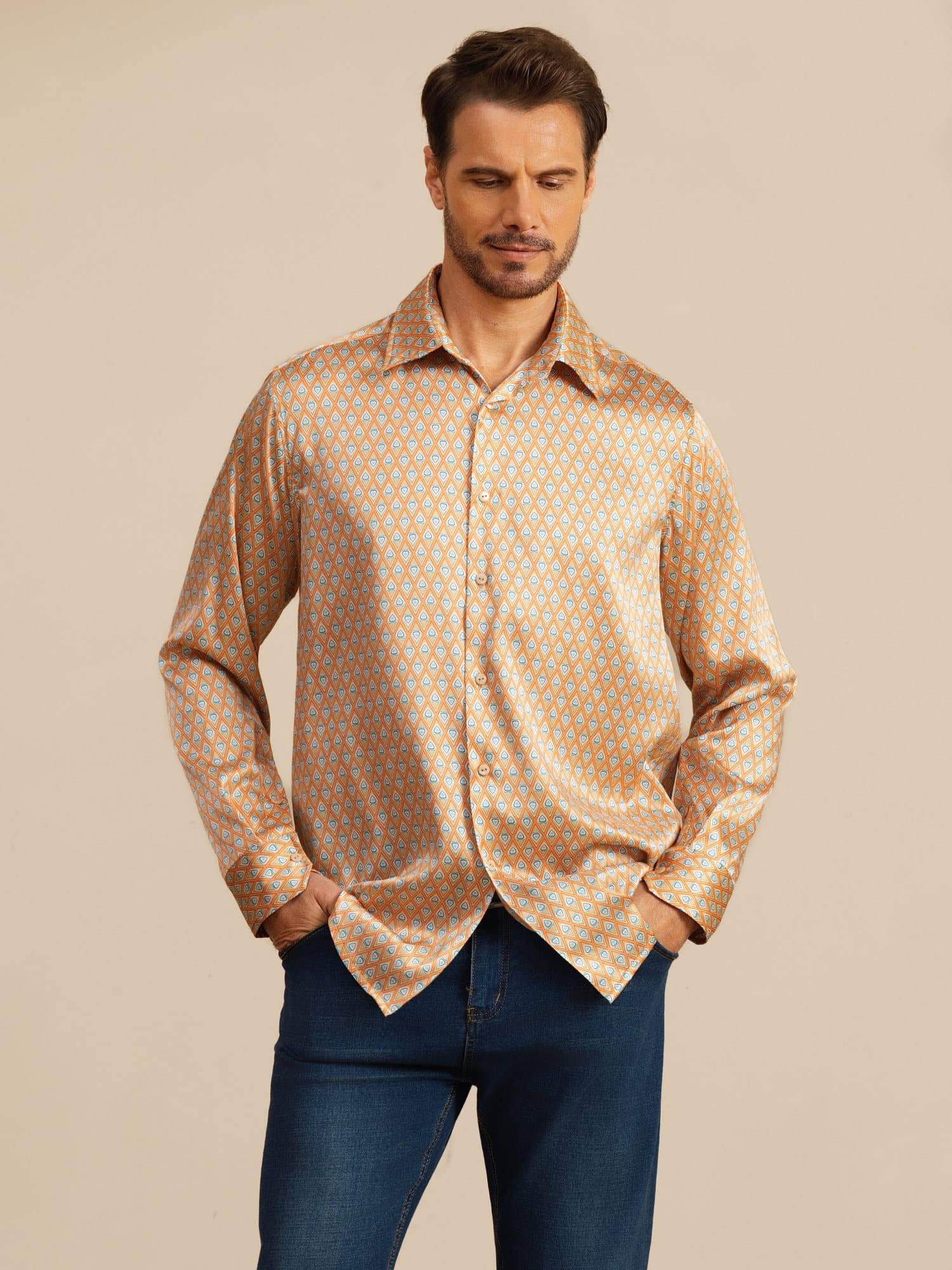 [Yellow Heart Geo] SilkSilky 19Momme Stretch Silk Charmeuse Long Sleeve Lapel Collar Men's Shirt 001