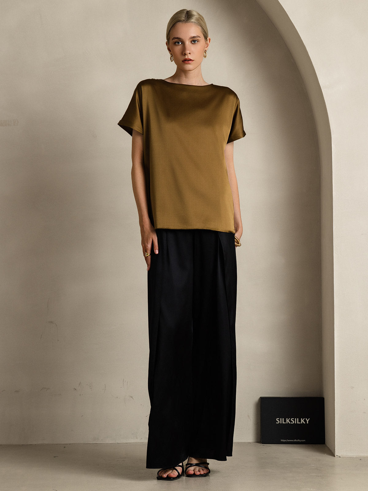 [Brown] SilkSilky  19Momme Silk Round Neck Women's T-Shirt 007