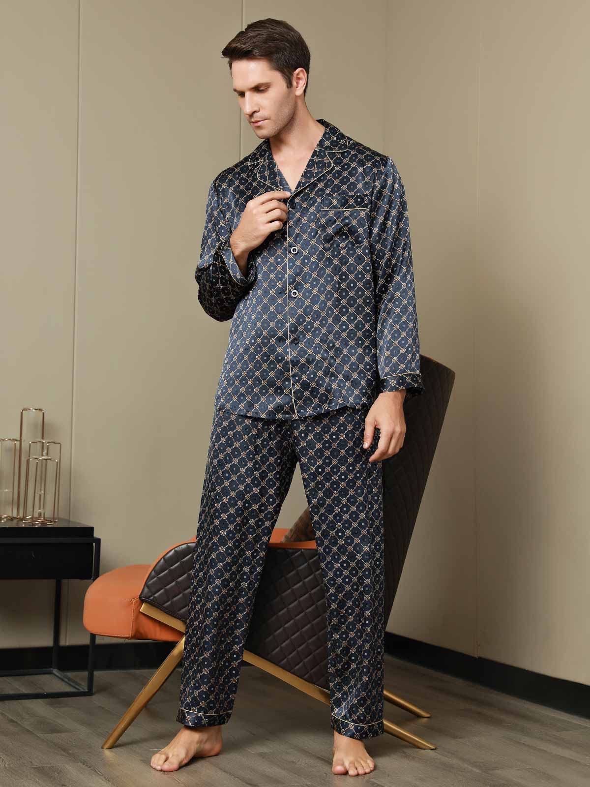 SilkSilky US Pure Silk Long Sleeve Lapel Men's Pajamas DarkBlue 007