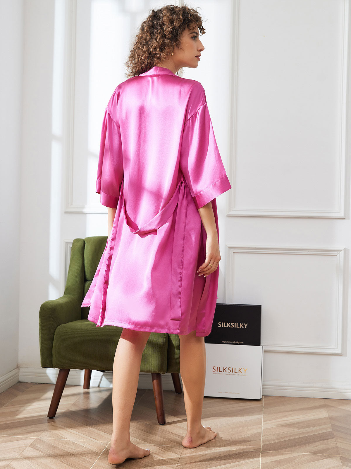 SilkSilky  Pure Silk 3/4 Sleeve Nightgown&Robe Set RoseRed 002