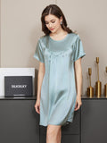 SilkSilky US Pure Silk Short Sleeve Round Neck Nightgown LightBlue 004