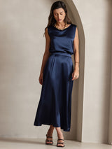 [Dark Blue] SilkSilky  19Momme Stretch Silk Charmeuse Skirt 007
