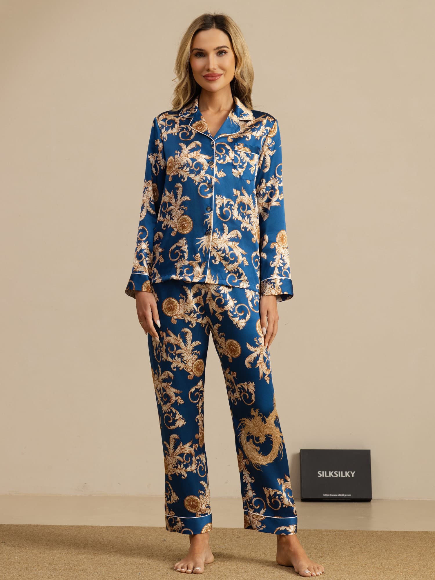 [Navy Dragon] SilkSilky  Long Sleeve Notch Collar Women's Pajamas 003