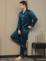[Teal] SilkSilky  Long Sleeve Notch Collar Men's Pajamas 005