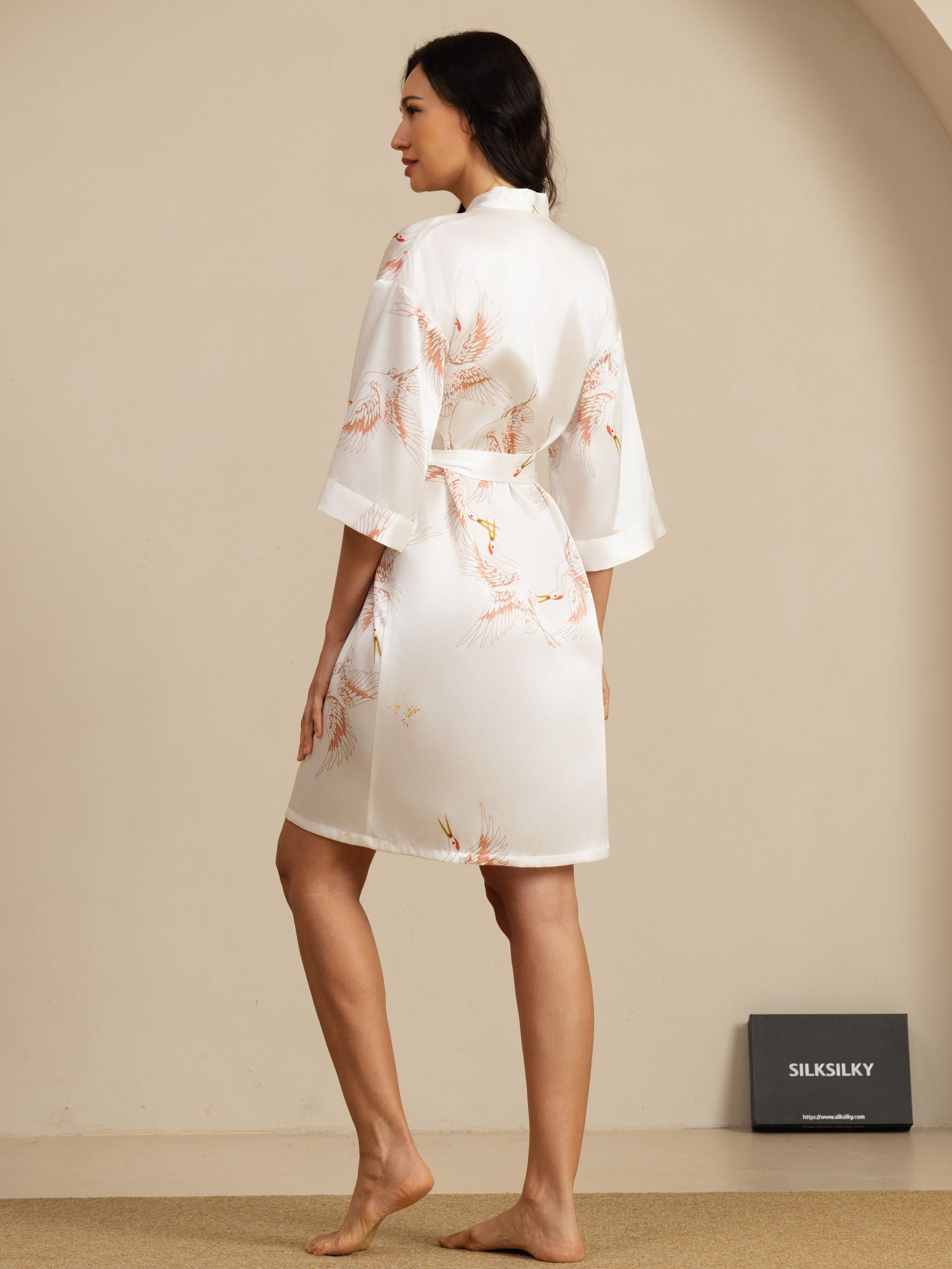 [White] SilkSilky  19Momme 3/4 Sleeve Women's Robe 002