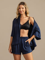 [Dark Blue] SilkSilky  19Momme Machine-Washable Silk Half Sleeve Notch Collar Women's Pajamas 005