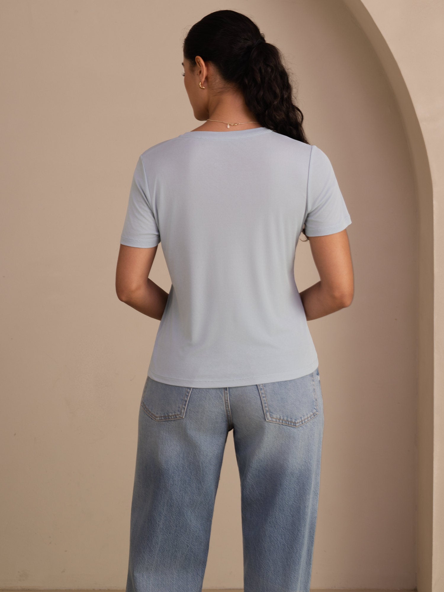 [Grayish Blue] SilkSilky  Short Sleeve V Neck Women's T-Shirt 002