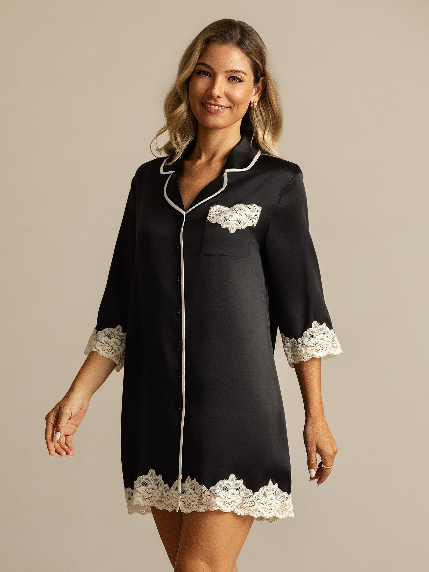 [Black] SilkSilky  Pure Silk Lapel Collar Nightshirt 007