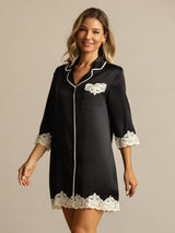 [Black] SilkSilky  Pure Silk Lapel Collar Nightshirt 007