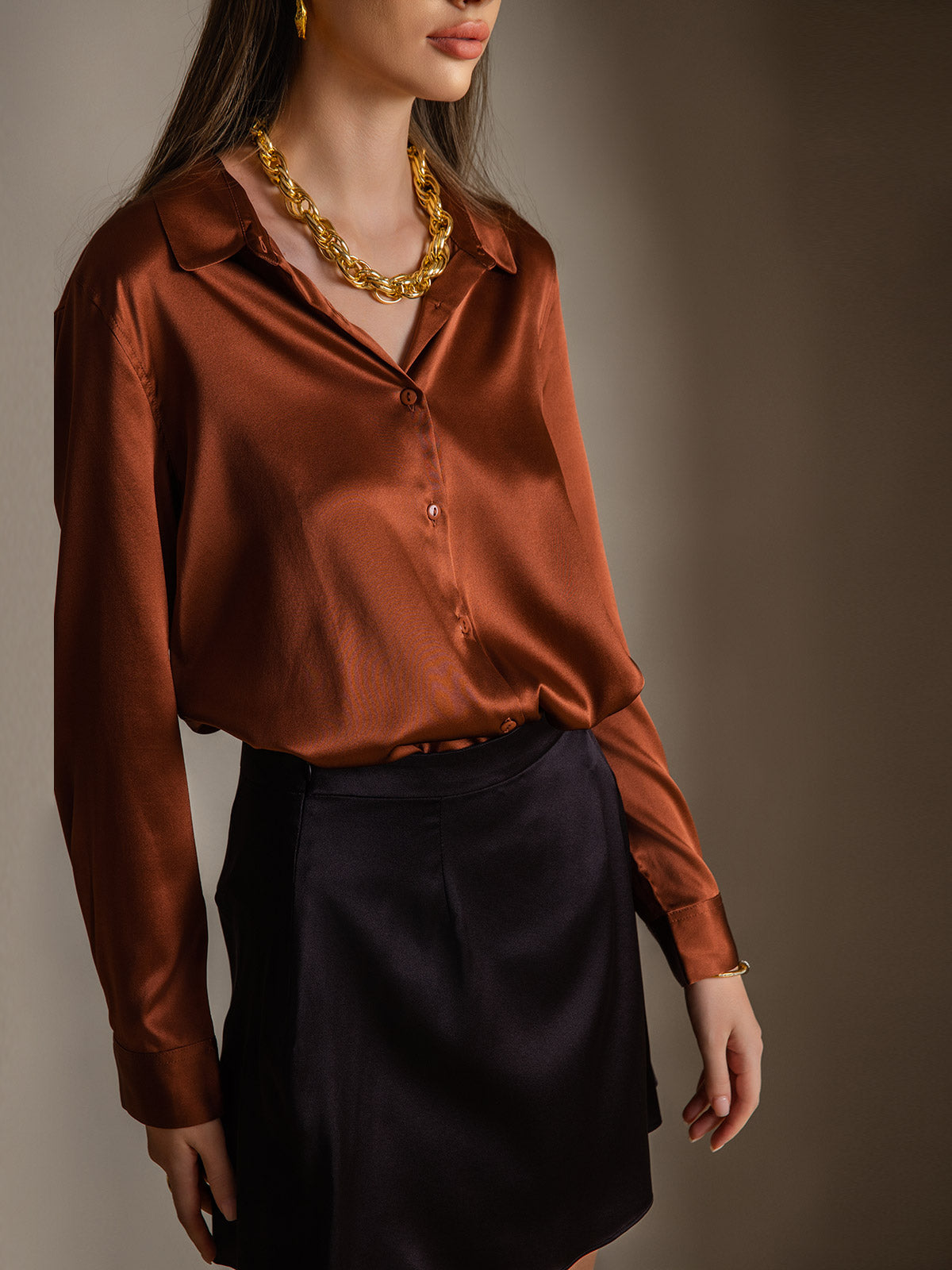 [Coffee] SilkSilky  Silk Lapel Collar Women's Shirt 001
