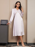 SilkSilky US Pure Silk Long Sleeve V Neck Nightgown Purple 004