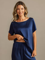 [Dark Blue] SilkSilky  19Momme Machine-Washable Silk Short Sleeve Women's Pajamas 005