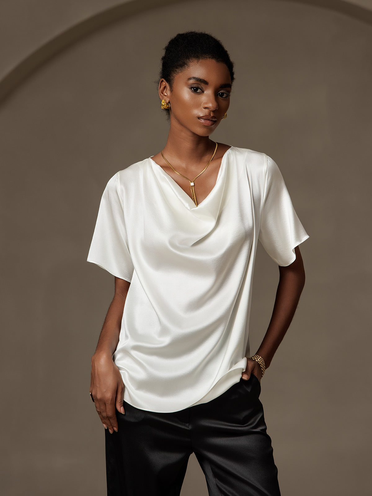 SilkSilky US 19Momme Silk Blend Short Sleeve Cowl Neck Women's T Shirt White 003