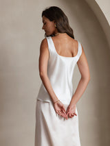 [White] SilkSilky  19Momme Stretch Silk Charmeuse Sleeveless Scoop Neck Camisole Top 002