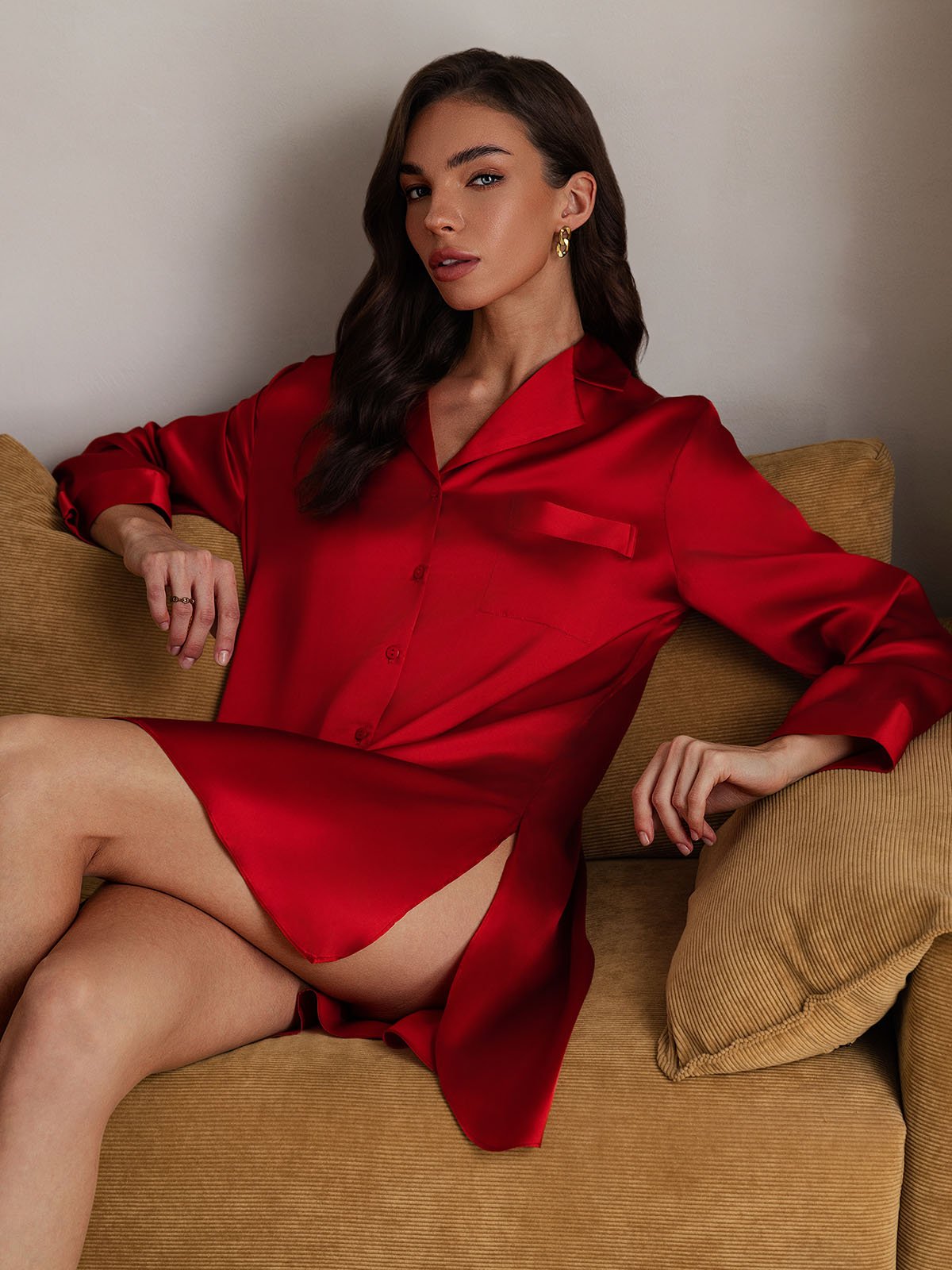 [Red] SilkSilky Pure Silk Lapel Collar Nightgown 008