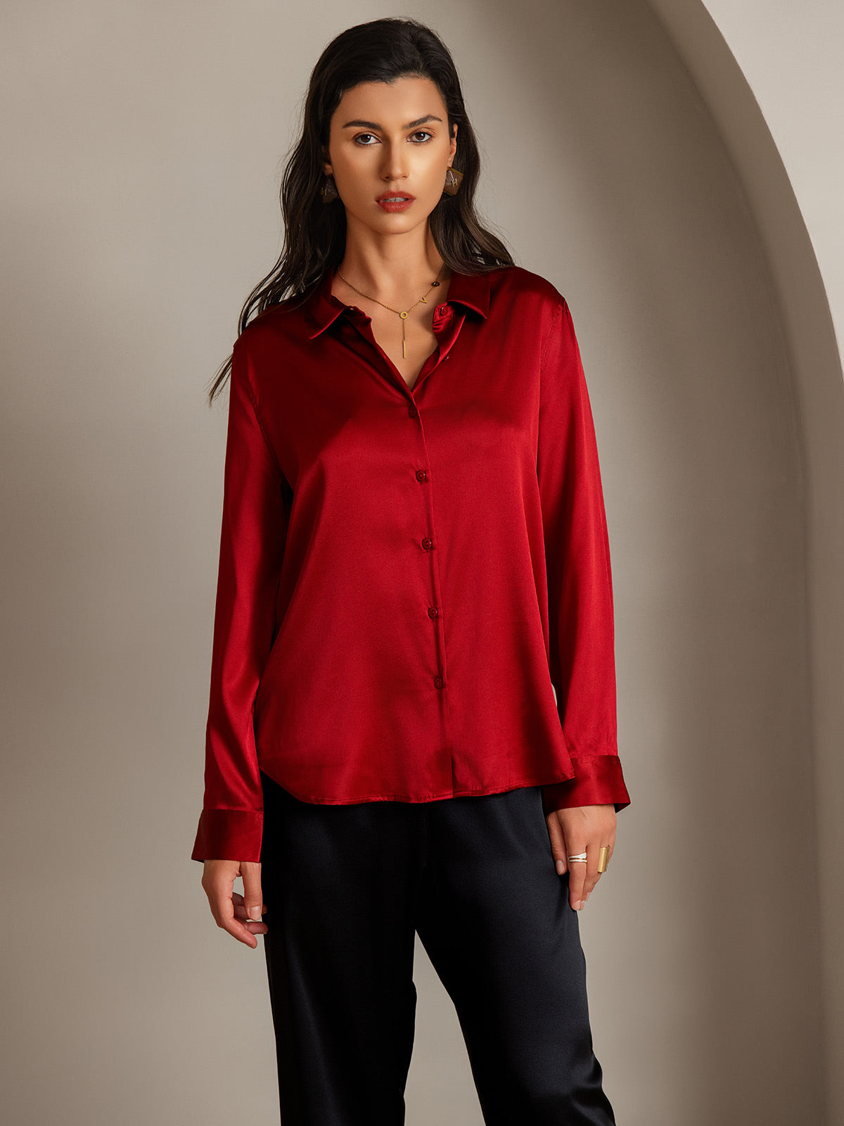 SilkSilky  Silk Blend Long Sleeve Collar Women's Shirt Red 003