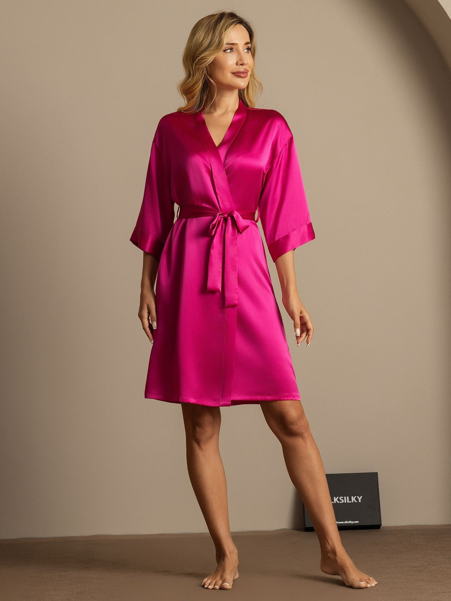 [Rose Red] SilkSilky  Pure Silk 3/4 Sleeve Womens Robe 006