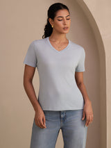 [Grayish Blue] SilkSilky  Short Sleeve V Neck Women's T-Shirt 001