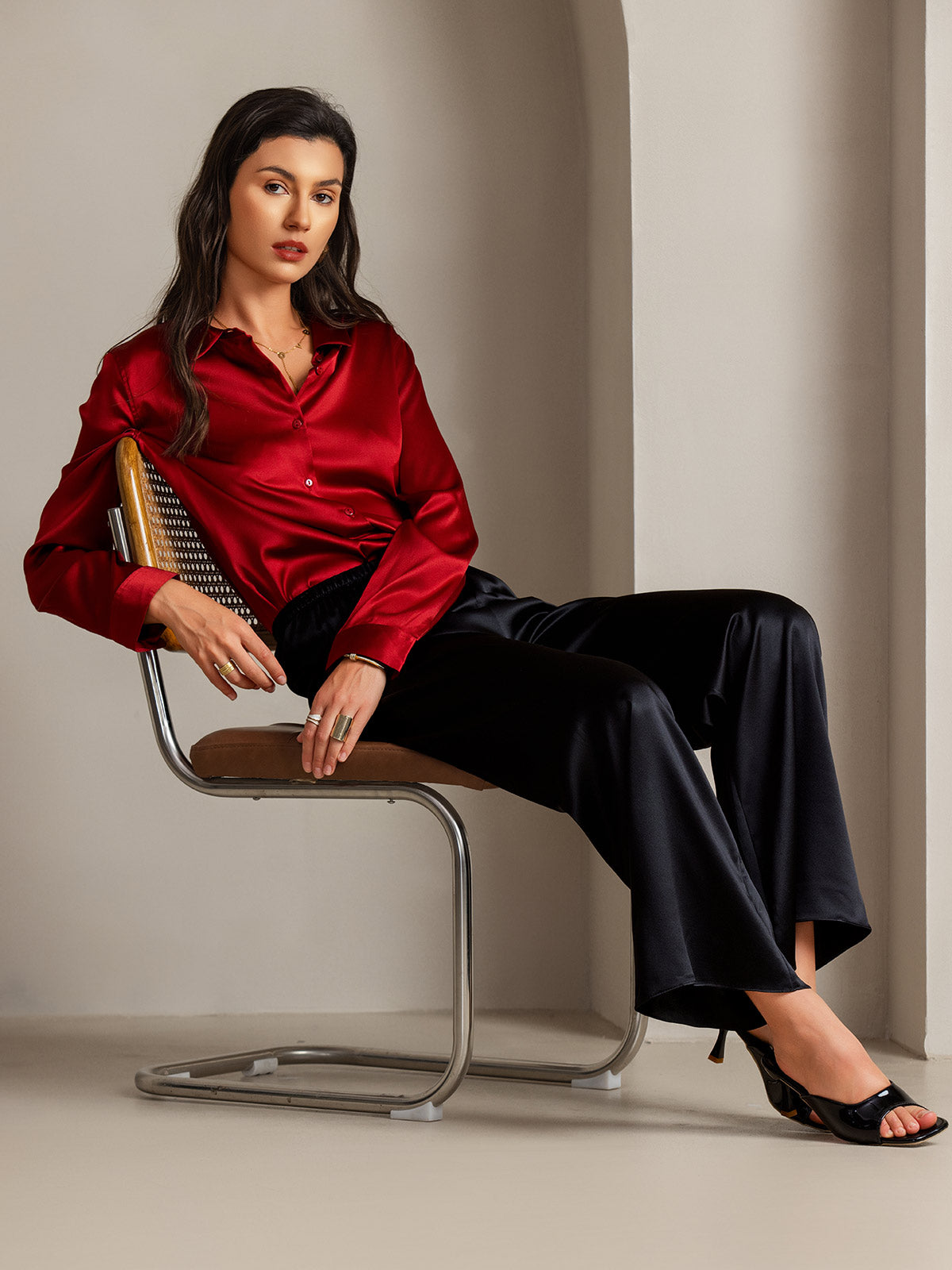 SilkSilky  Silk Long Sleeve Collar Women's Shirt Red 006