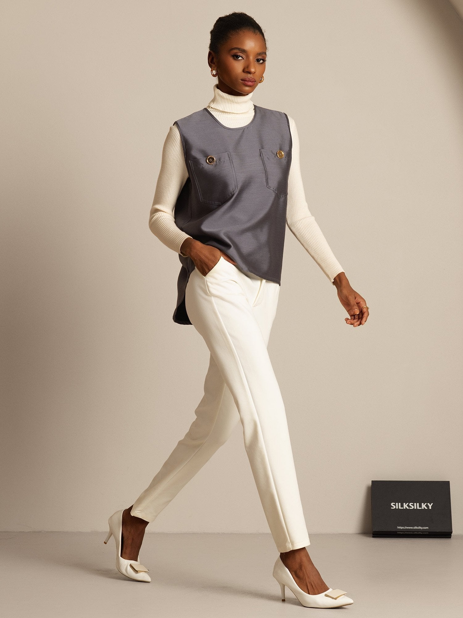 [Gray] SilkSilky  32Momme Silk Womens Vest 005,