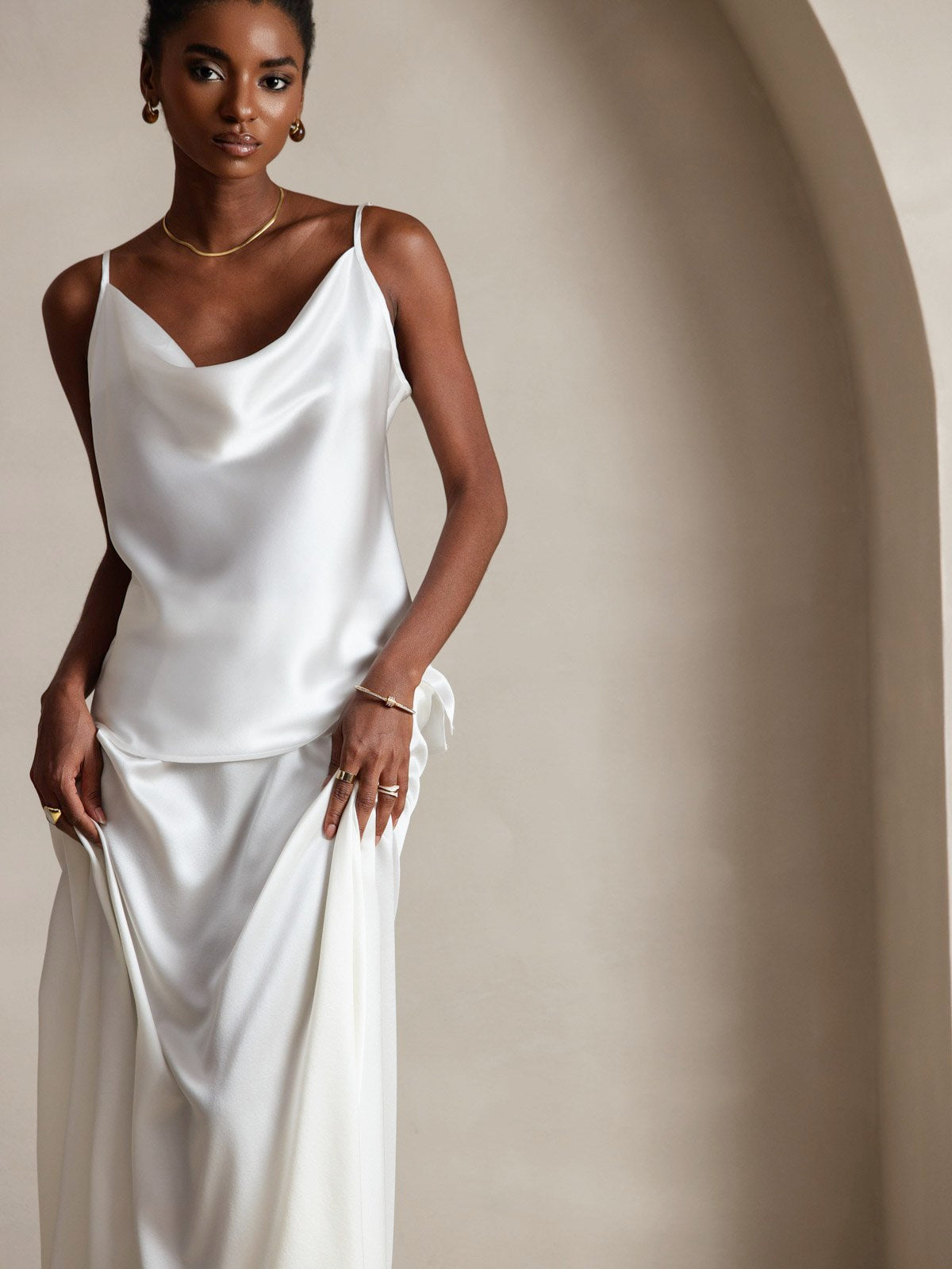 SilkSilky 19Momme Silk Spaghetti Strap Cowl Neck Camisoles Top, White / XS(4) SilkSilky 19Momme Silk Spaghetti Strap Cowl Neck Camisoles Top, White / XS(4)