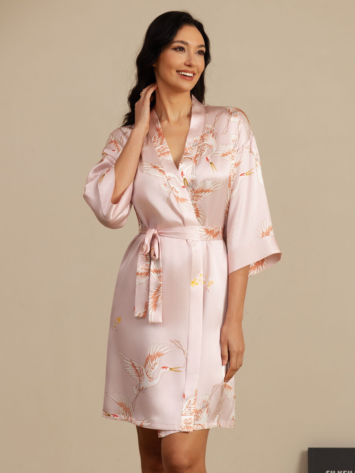 [Pink] SilkSilky  19Momme 3/4 Sleeve Women's Robe 006