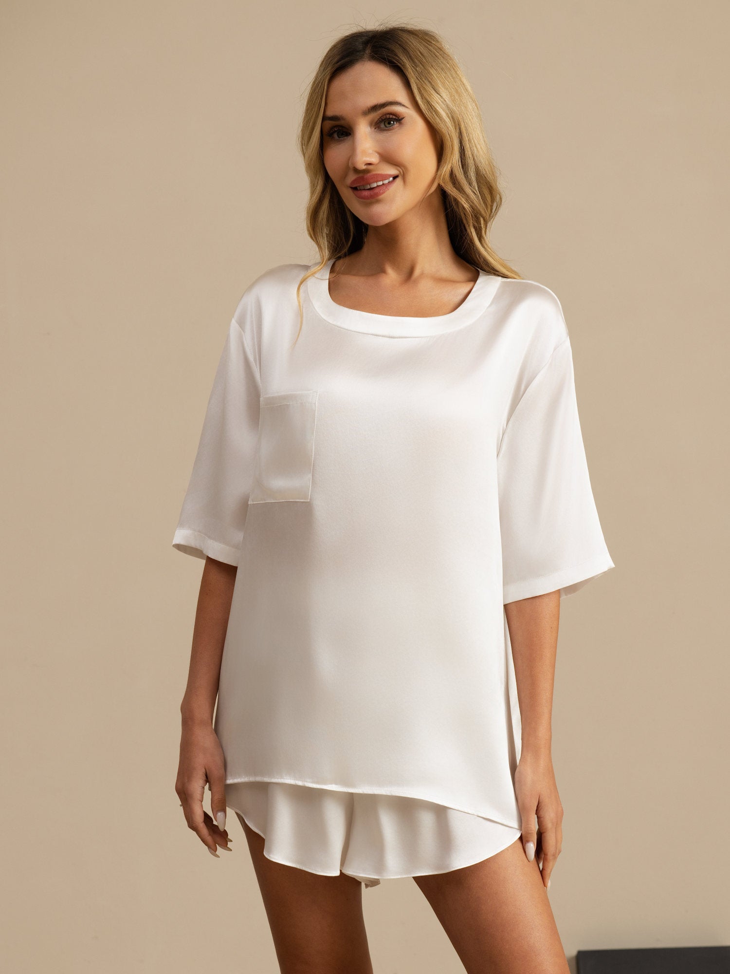 [White] SilkSilky  Short Sleeve Round Neck Women's Pajamas 003