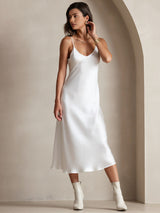 [White] SilkSilky  Pure Silk Spaghetti Strap V Neck Dress 005