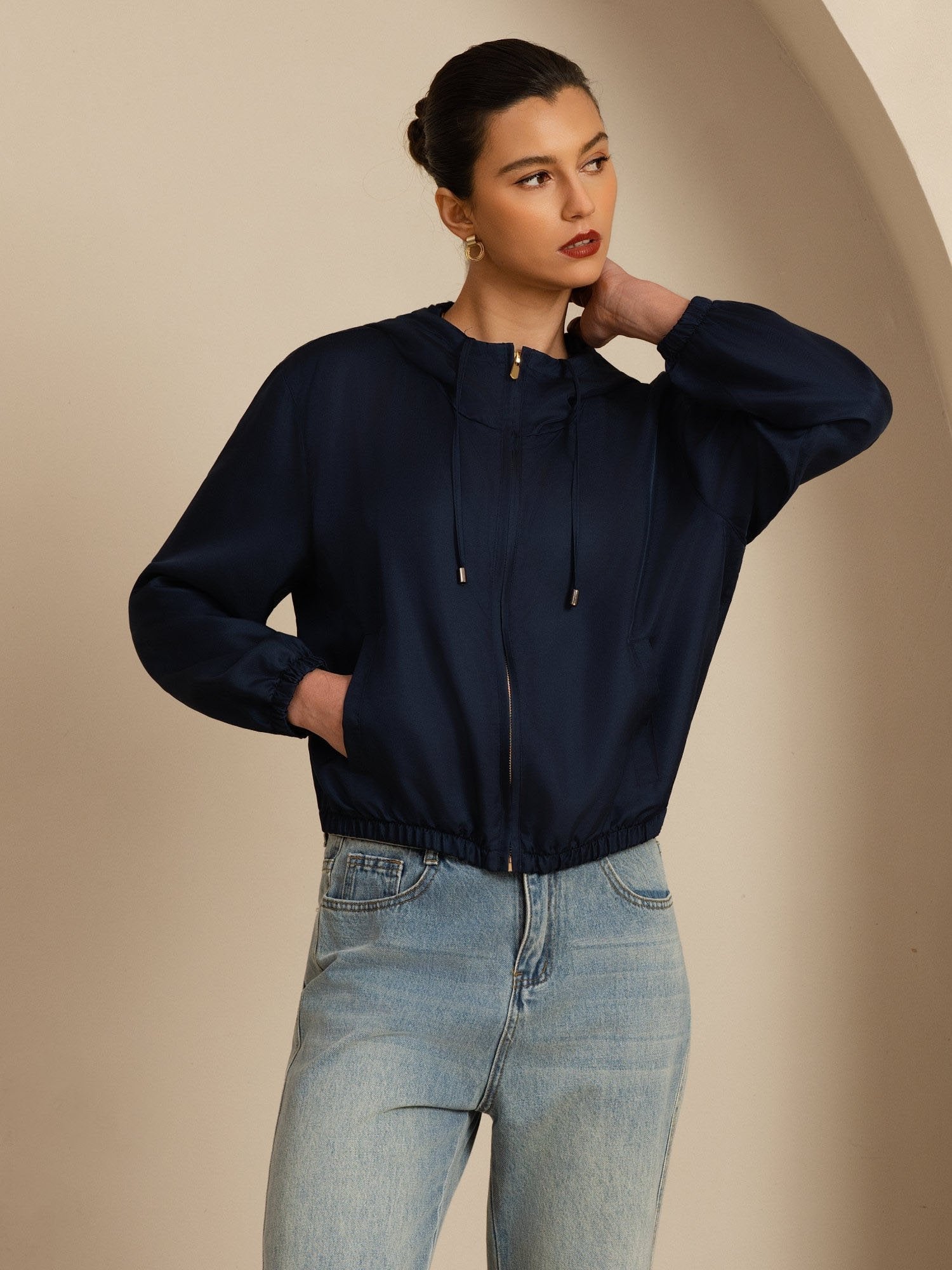 [DarkBlue] SilkSilky 18Momme Silk Satin Surah Long Sleeve Stand Collar Women's Outerwear 001