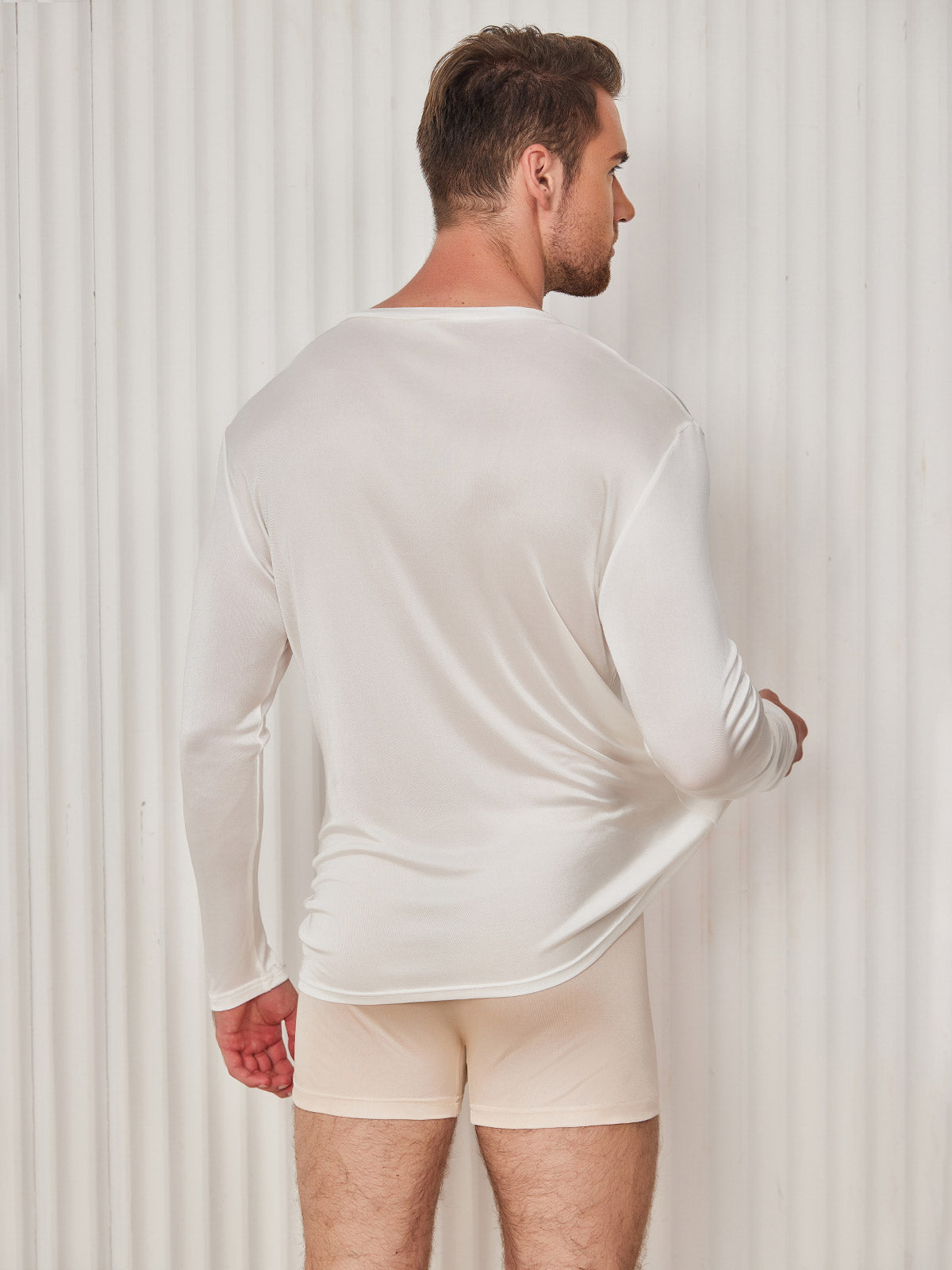 SilkSilky US Silk Knitted Long Sleeve V Neck Men's T Shirt White 002