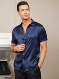 SilkSilky US Silk Blend Short Sleeve Collar Men's Shirt DarkBlue 005