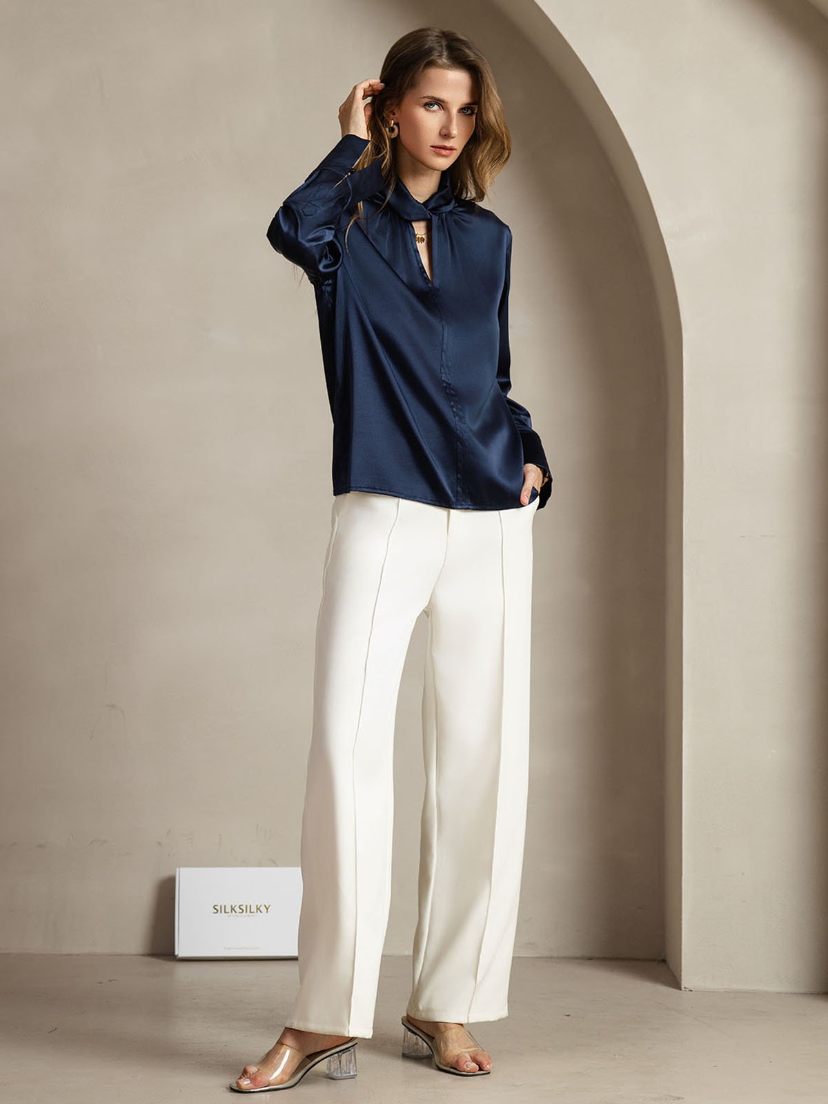 [DarkBlue] SilkSilky 19Momme Silk Keyhole Neck Women's Shirt 007