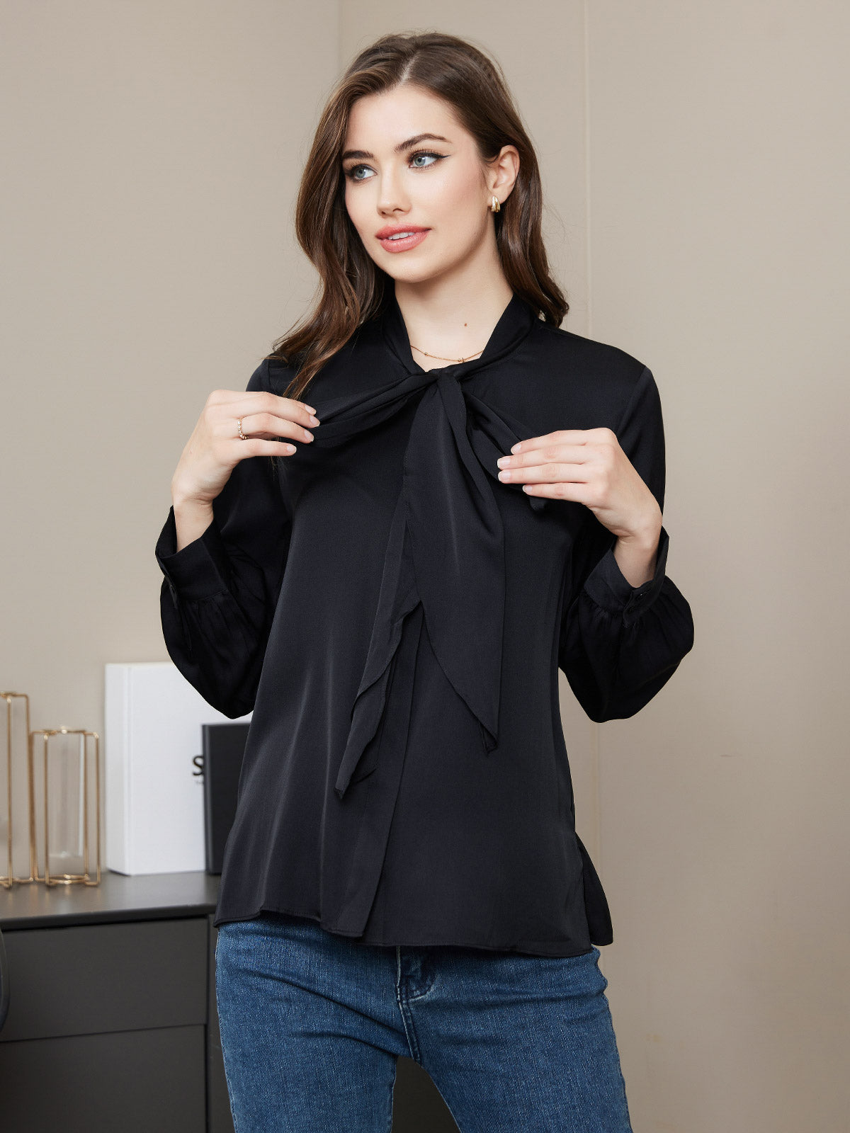 SilkSilky  19Momme Silk Blend Long Sleeve Tie Neck Women's Shirt Black 005