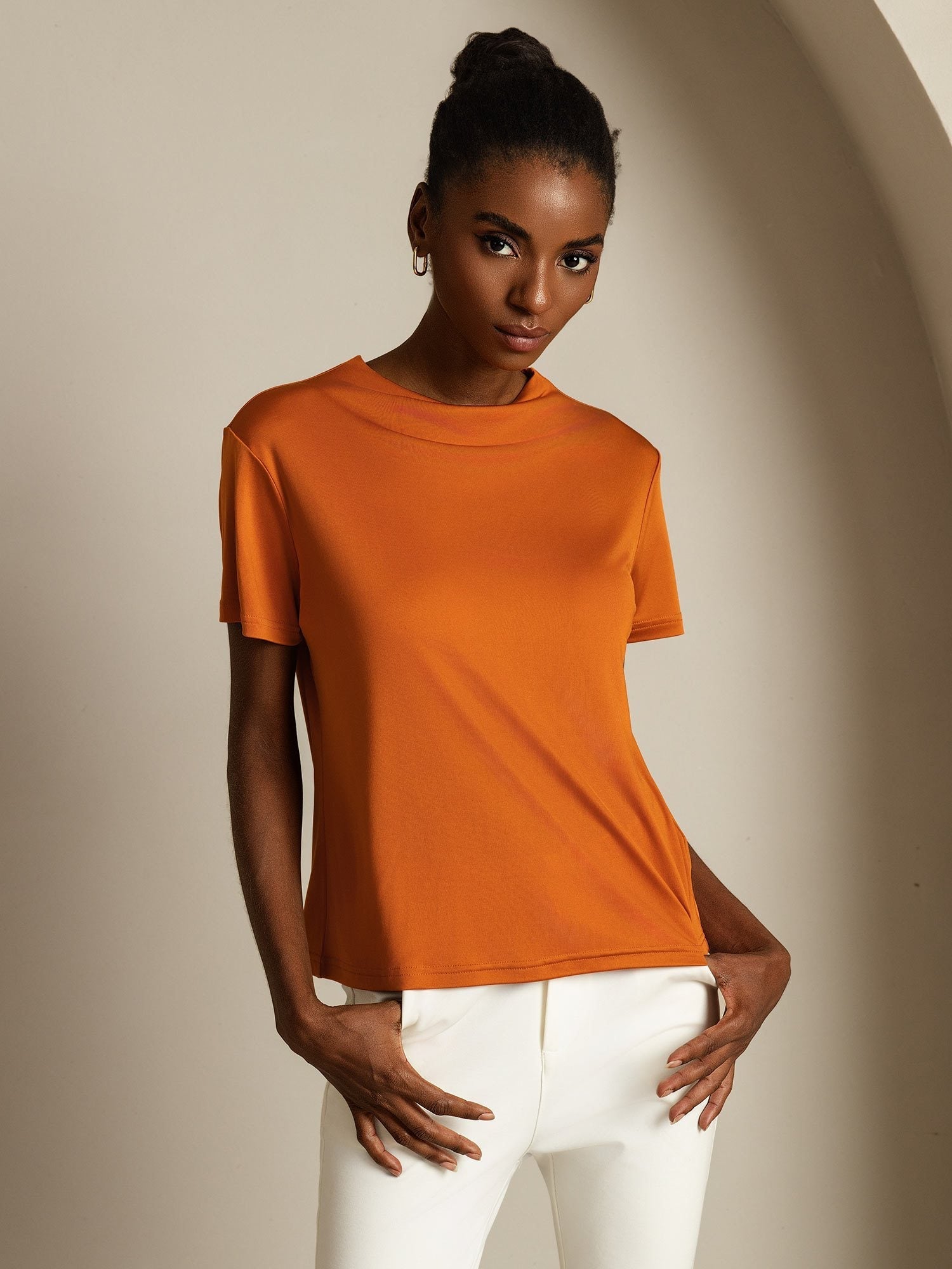 [Orange] SilkSilky  Pure Silk Collar Women's T-Shirt 004