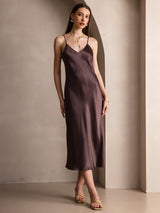 [Coffee] SilkSilky  Spaghetti Strap V Neck Dress 001