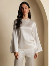 [Light Gray] SilkSilky  19Momme Stretch Silk Charmeuse Long Sleeve Boat Neck Blouse 003