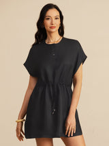 [Black] SilkSilky 18Momme Silk Satin Surah Cap Sleeve Henley Neck Dress 003